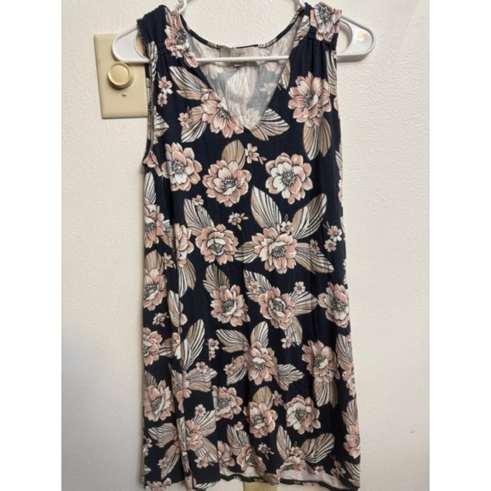 Loft Womens Small Navy Blue Floral Sleeveless V-Neck Knit A-Line Dress
